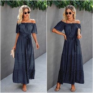 Boho Navy Blue polka dot off shoulder ruffle dress